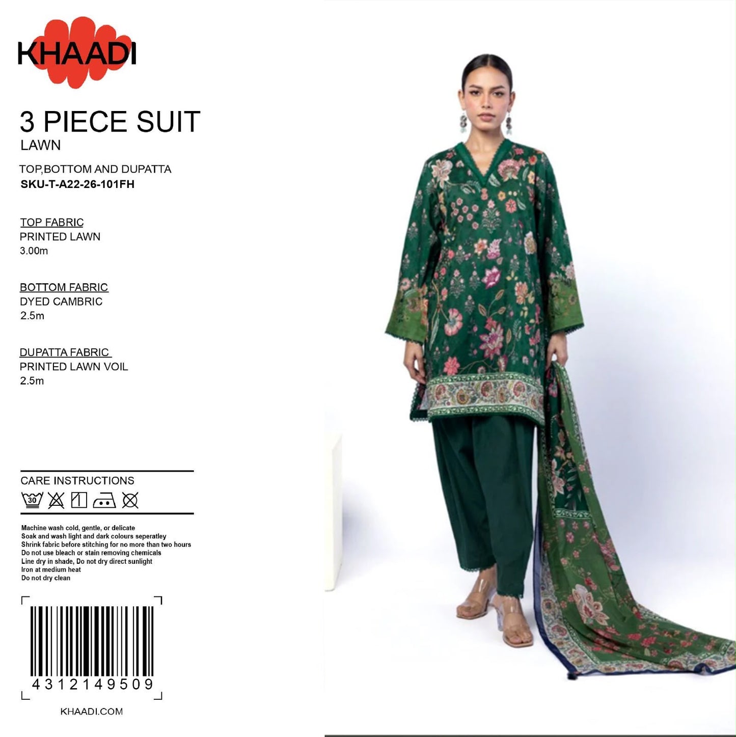 100% Original Khaadi Printed Lawn – Emerald Green Floral 3-Piece Unstitched Suit (SKU: T-A22-26-101FH)