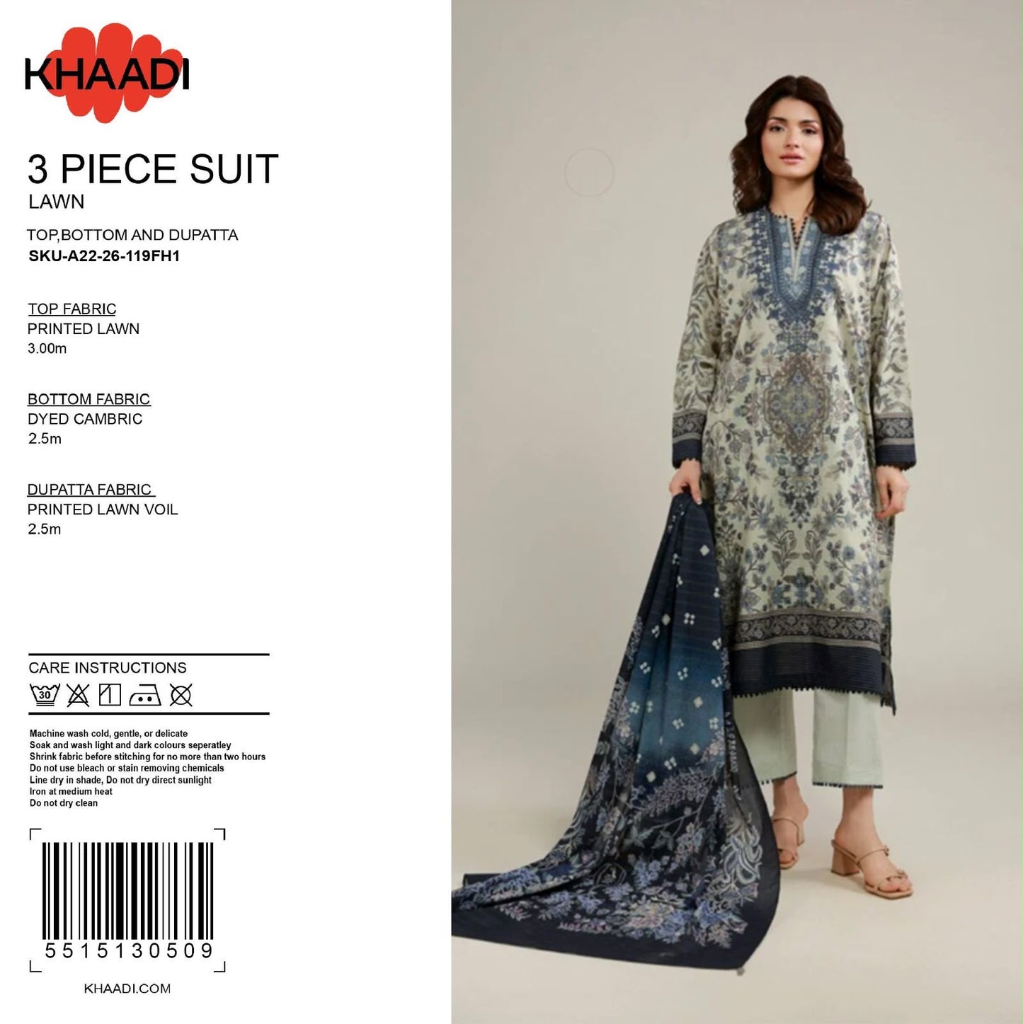100% Original Khaadi Printed Lawn – Pistachio Green & Indigo Blue Paisley 3-Piece Unstitched Suit