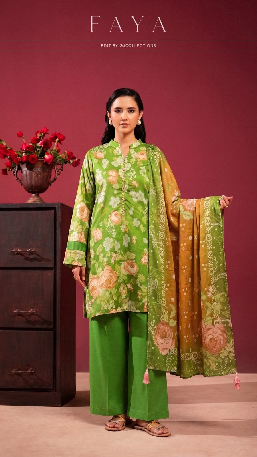 Original Faya Lawn Edit by GJ Collections – Lime Green & Mustard Floral 3-Piece Unstitched Suit