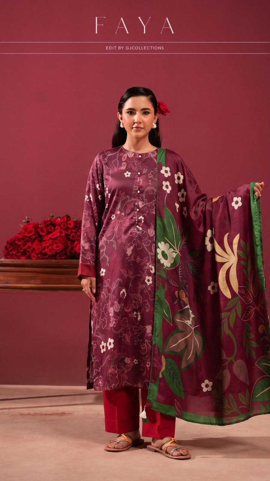 Original Faya Lawn Edit by GJ Collections – Deep Maroon & Emerald Green Floral 3-Piece Unstitched Suit