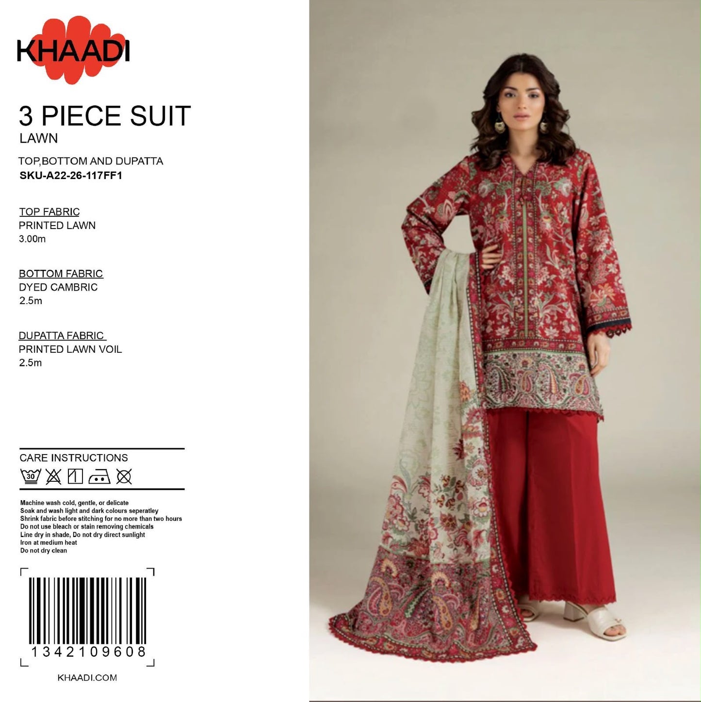 100% Original Khaadi Printed Lawn – Crimson Red & Beige Paisley 3-Piece Unstitched Suit