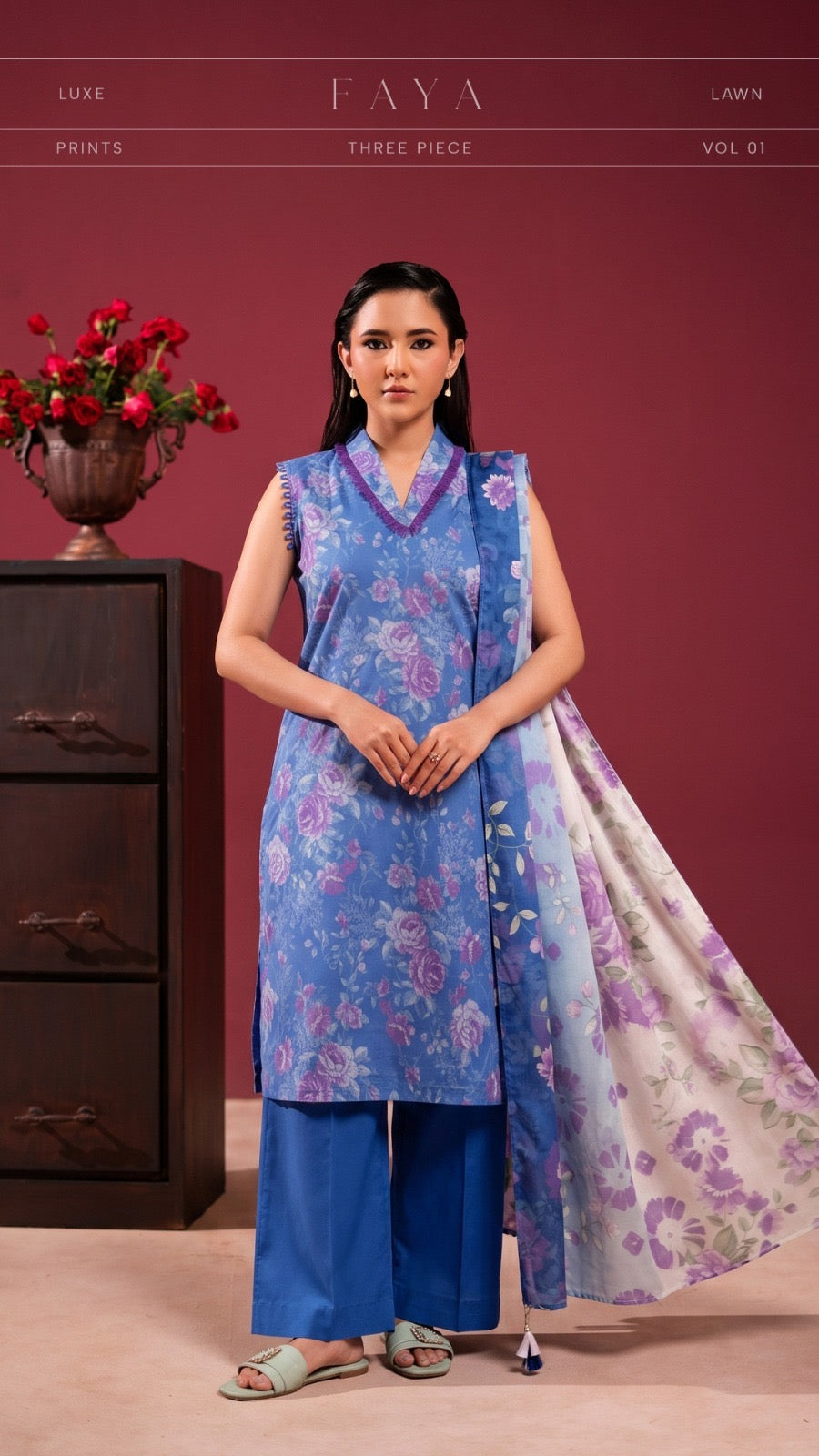 Original Faya Luxe Lawn Vol 01 – Royal Blue & Lavender Floral 3-Piece Unstitched Suit