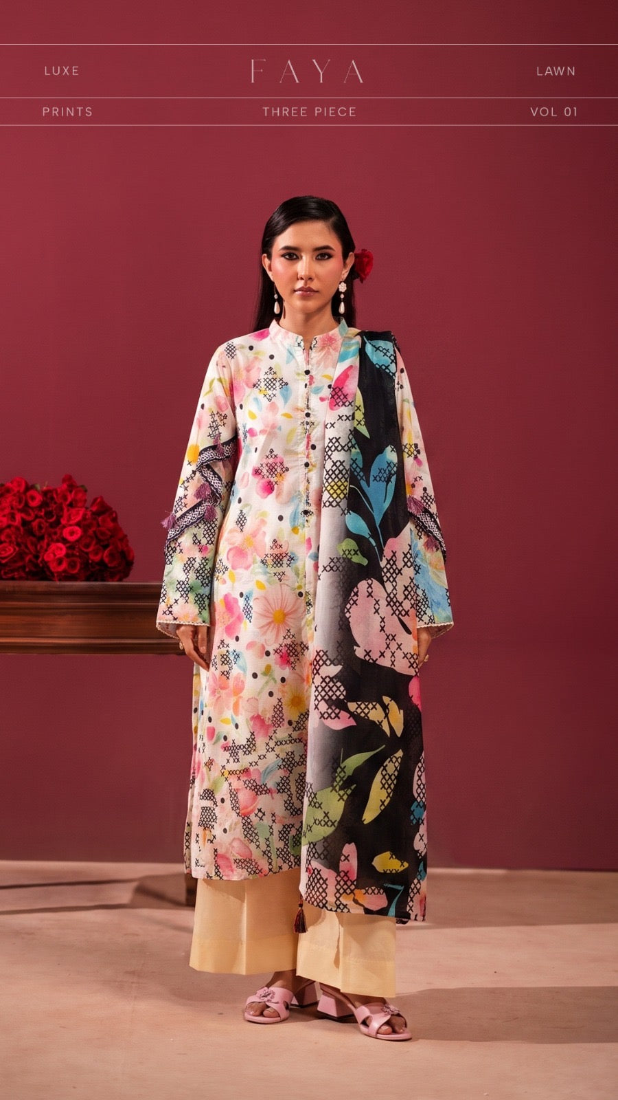 Original Faya Luxe Lawn Vol 01 – Floral Printed 3-Piece Unstitched Suit