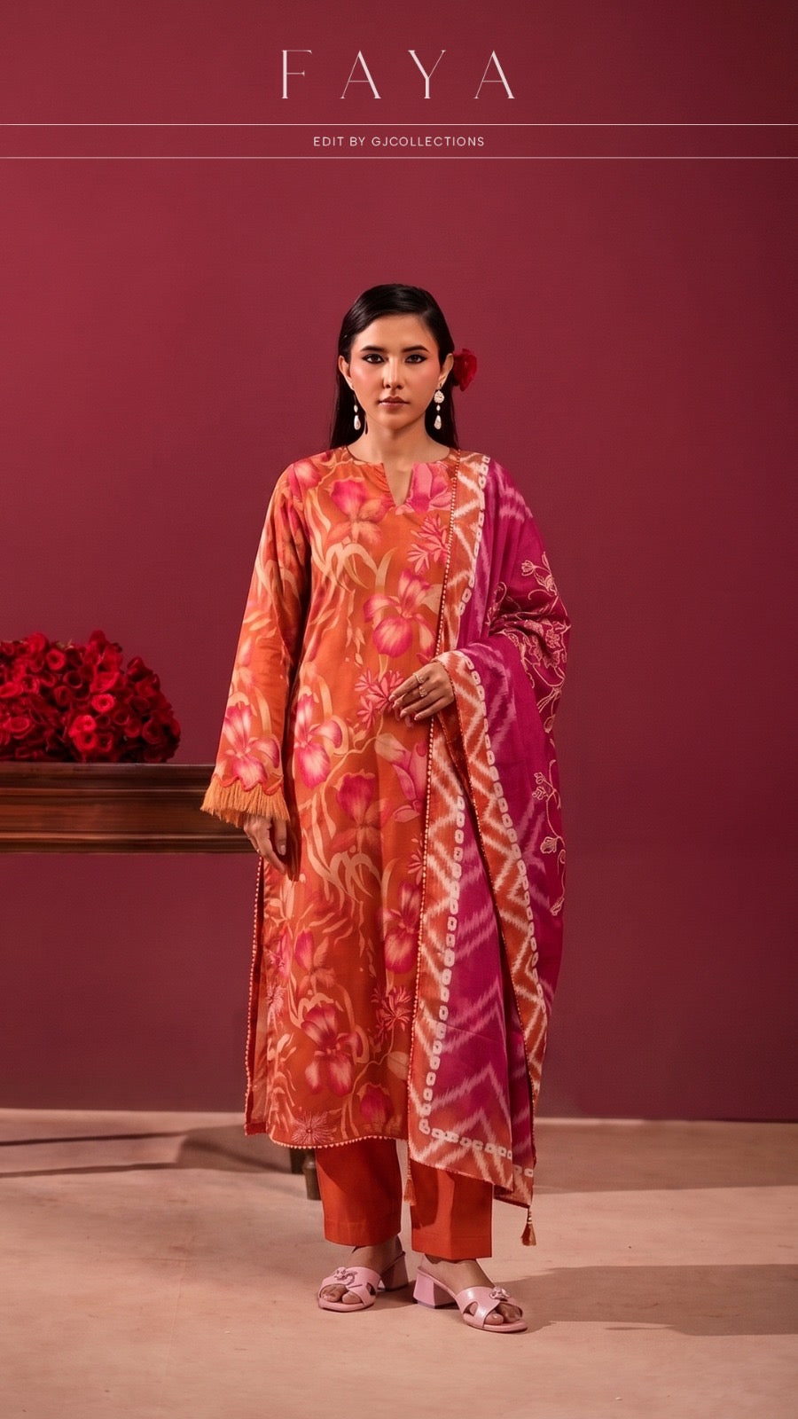 Original Faya Lawn Edit by GJ Collections – Rust Orange & Magenta 3-Piece Unstitched Suit