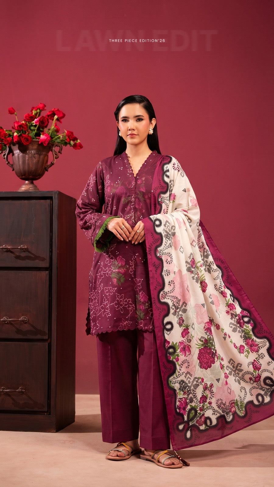 Original Faya Digital Printed Lawn – Deep Plum & Ivory 3-Piece Unstitched Suit (Edition '26)