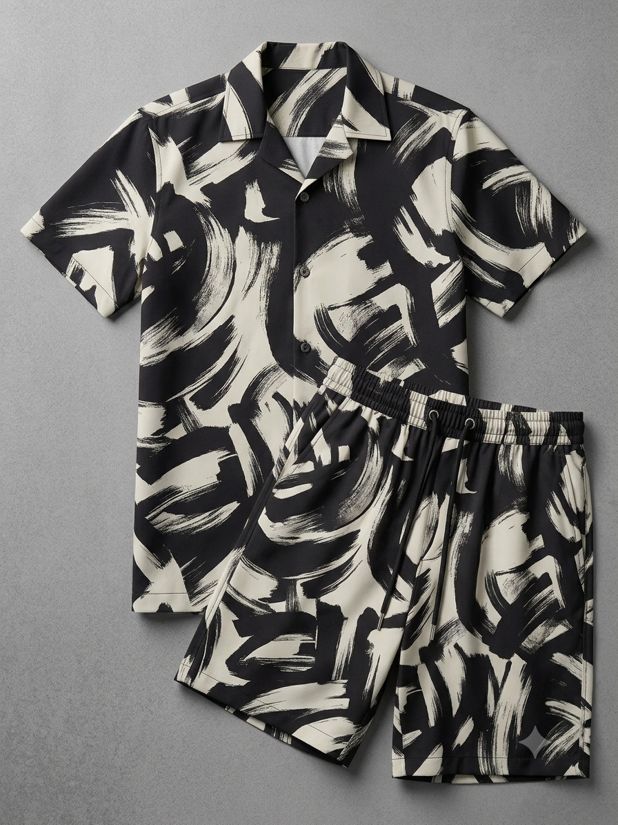 Modern Abstract Brushstroke Linen Co-ord Set | Black & White Summer Fit