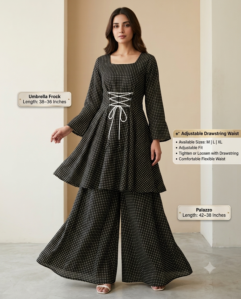 Black Polka Dot Lawn 2 Piece Suit – Umbrella Frock with Wide Leg Palazzo | Adjustable Drawstring Waist | Summer Collection
