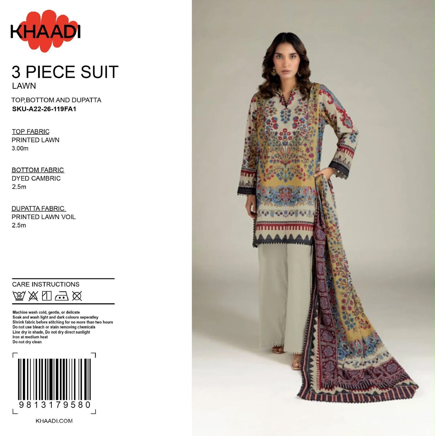 100% Original Khaadi Printed Lawn – Multi Beige & Maroon Ethnic 3-Piece Unstitched Suit (SKU: A22-26-119FA1)
