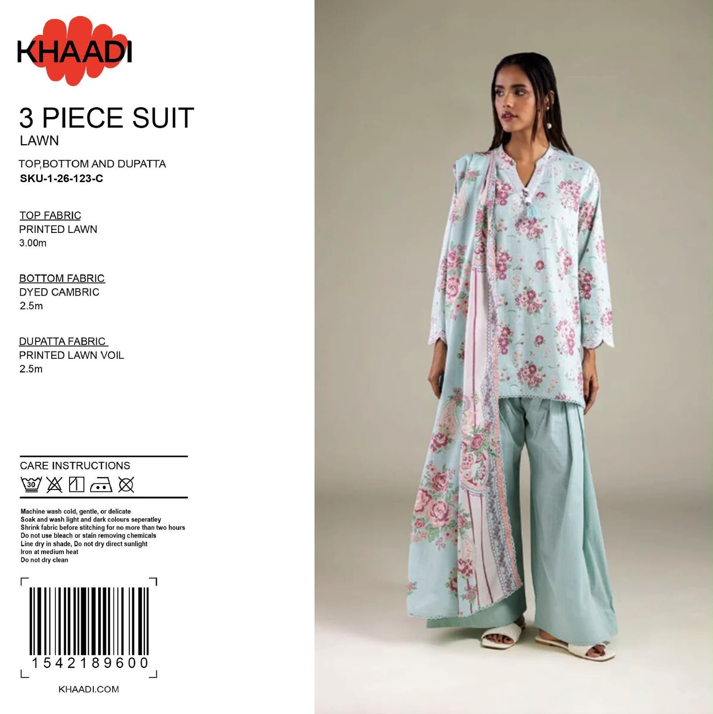 100% Original Khaadi Printed Lawn – Sky Blue & Soft Pink Floral 3-Piece Unstitched Suit