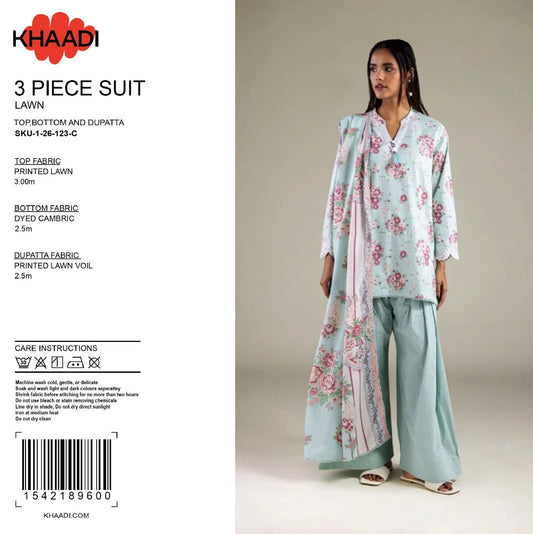 100% Original Khaadi Printed Lawn – Sky Blue & Soft Pink Floral 3-Piece Unstitched Suit