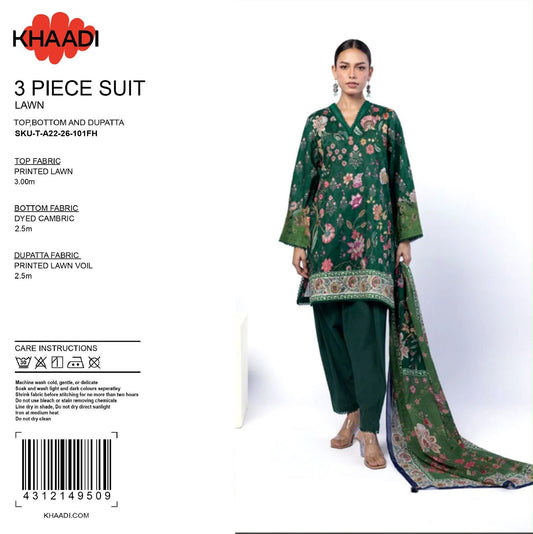 100% Original Khaadi Printed Lawn – Emerald Green Floral 3-Piece Unstitched Suit (SKU: T-A22-26-101FH)