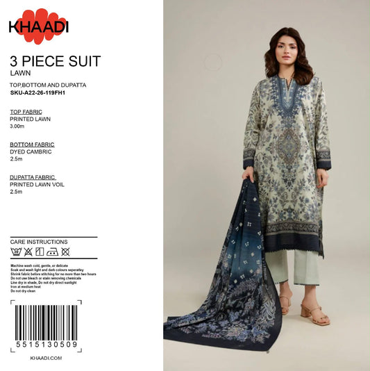 100% Original Khaadi Printed Lawn – Pistachio Green & Indigo Blue Paisley 3-Piece Unstitched Suit