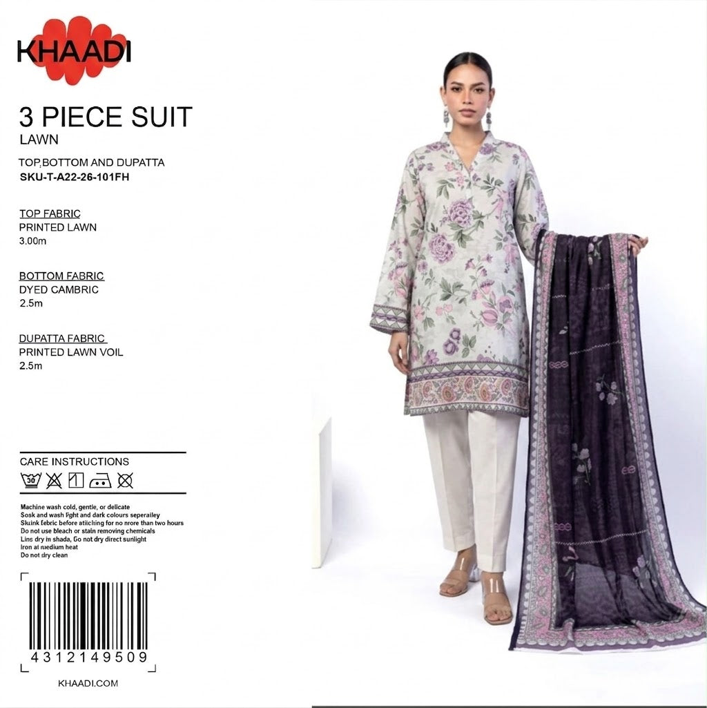 100% Original Khaadi Printed Lawn – Ice Blue & Dark Purple Floral 3-Piece Unstitched Suit (SKU: T-A22-26-101FH)