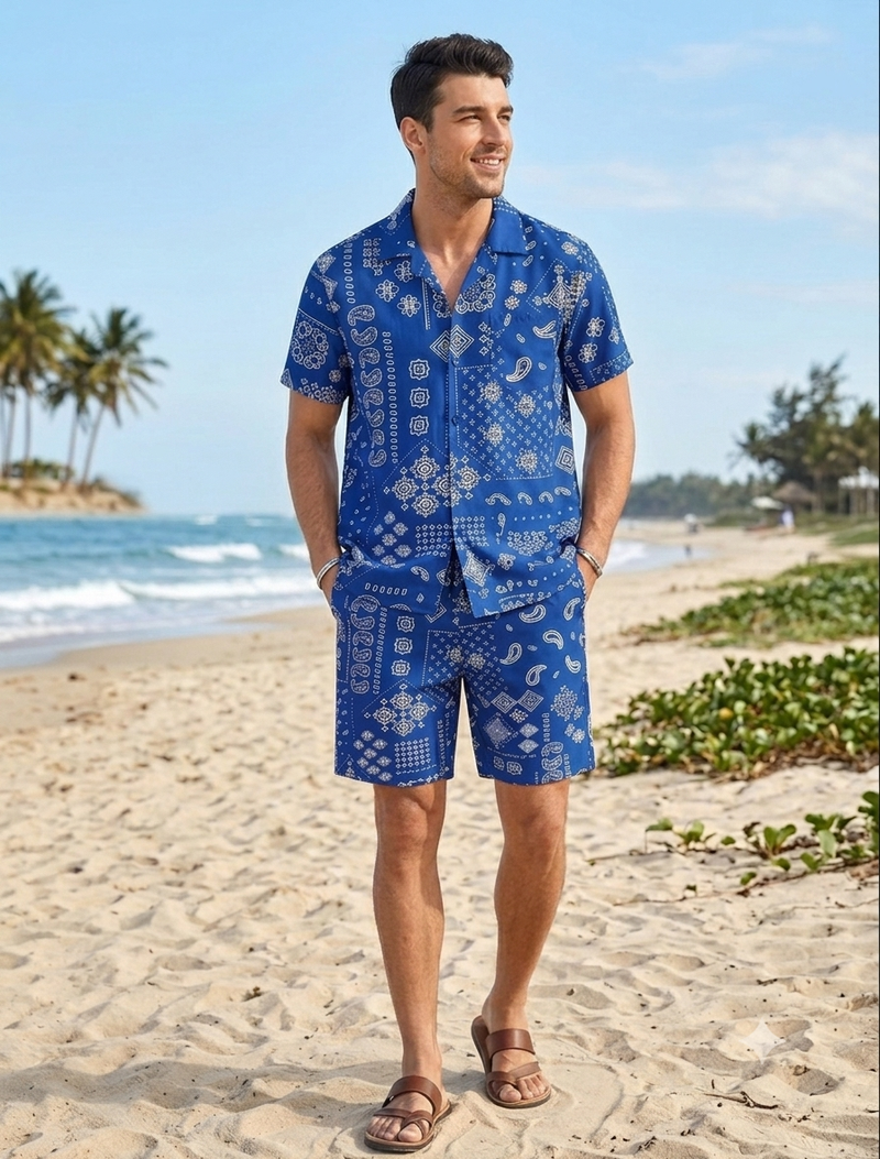 Classic Blue Paisley Bandana Linen Co-ord Set | Premium Casual Wear
