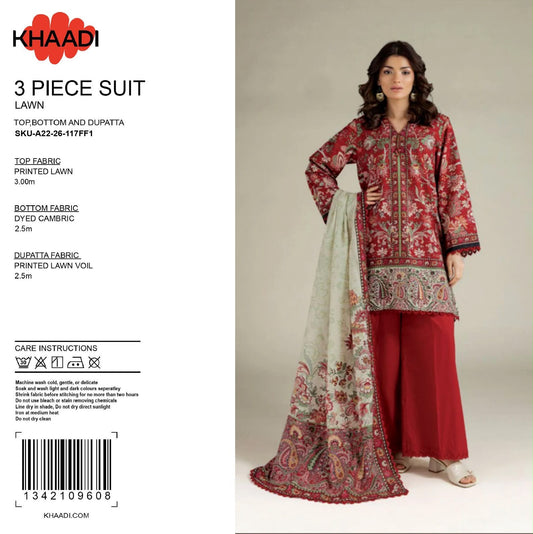 100% Original Khaadi Printed Lawn – Crimson Red & Beige Paisley 3-Piece Unstitched Suit