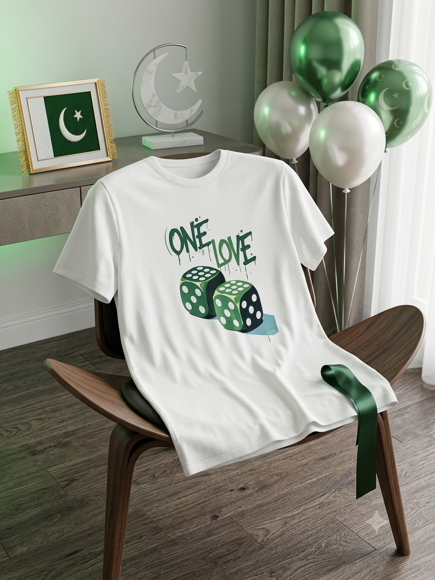 ONE LOVE Green Dice Premium White T-Shirt – 14 August Independence Collection | Unisex (Men & Women)