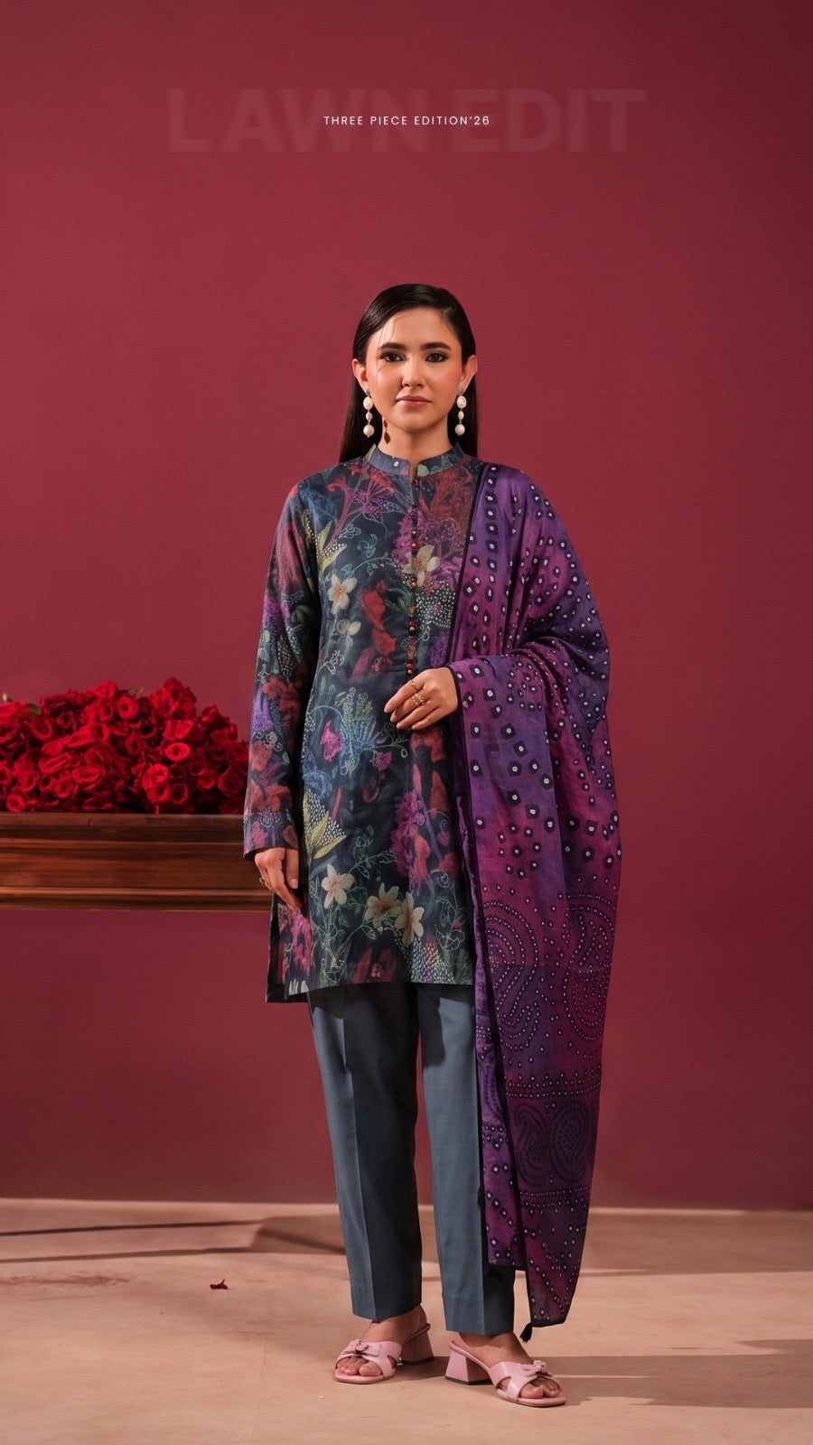 Original Faya Digital Printed Lawn – Slate Blue & Royal Purple 3-Piece Unstitched Suit (Edition '26)