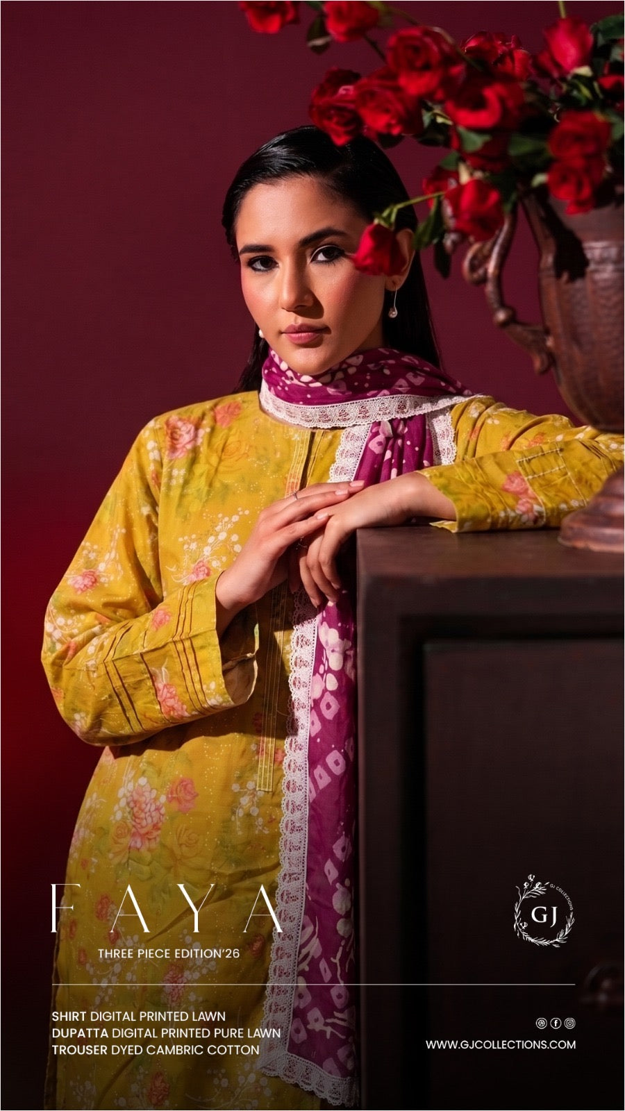 Original Faya Digital Printed Lawn – Mustard & Plum 3-Piece Unstitched Suit (Edition '26)