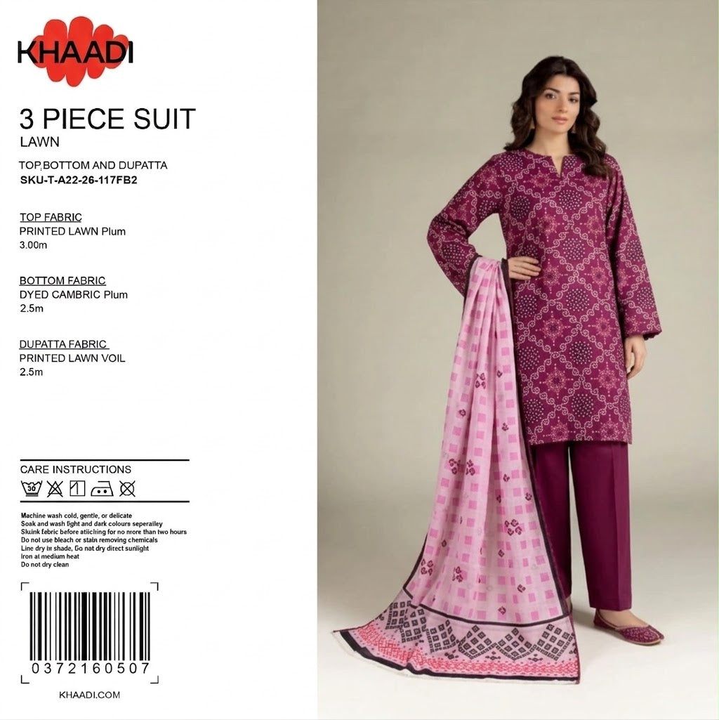 100% Original Khaadi Printed Lawn – Plum & Baby Pink Bandhani Geometric 3-Piece Unstitched Suit