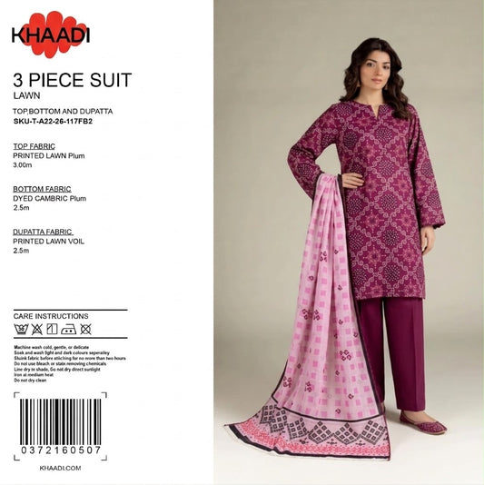 100% Original Khaadi Printed Lawn – Plum & Baby Pink Bandhani Geometric 3-Piece Unstitched Suit
