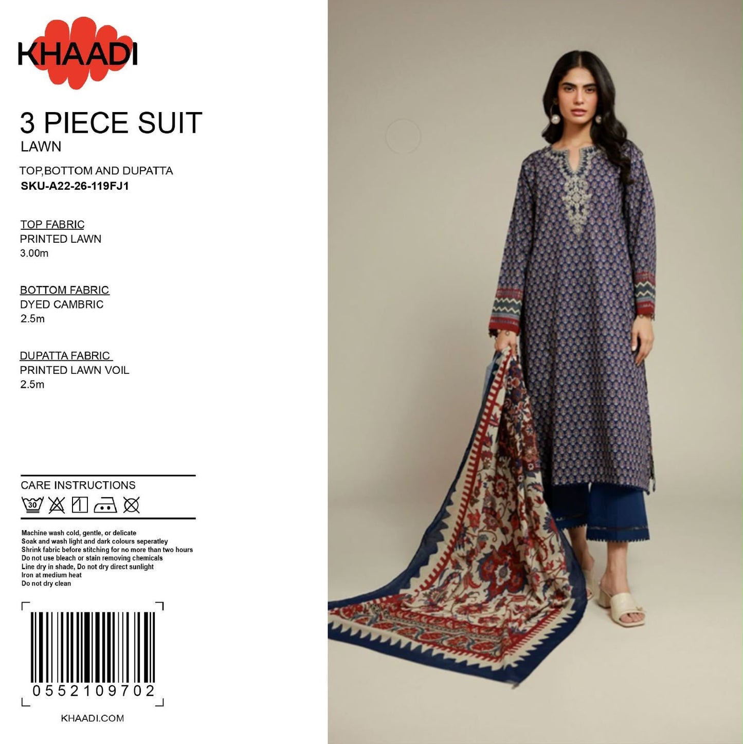 100% Original Khaadi Printed Lawn – Navy Blue Ajrak Ethnic 3-Piece Unstitched Suit