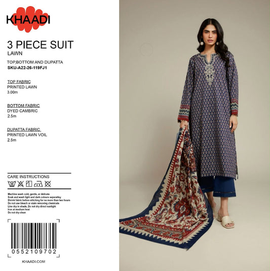 100% Original Khaadi Printed Lawn – Navy Blue Ajrak Ethnic 3-Piece Unstitched Suit