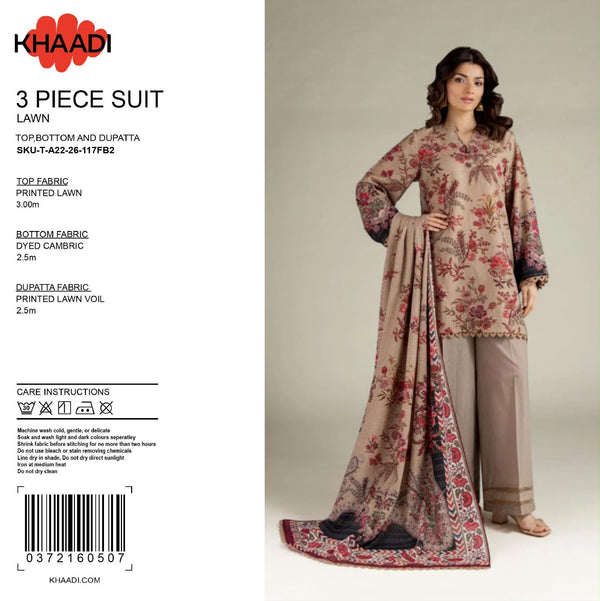 100% Original Khaadi Printed Lawn – Mocha Beige & Rose Floral 3-Piece Unstitched Suit