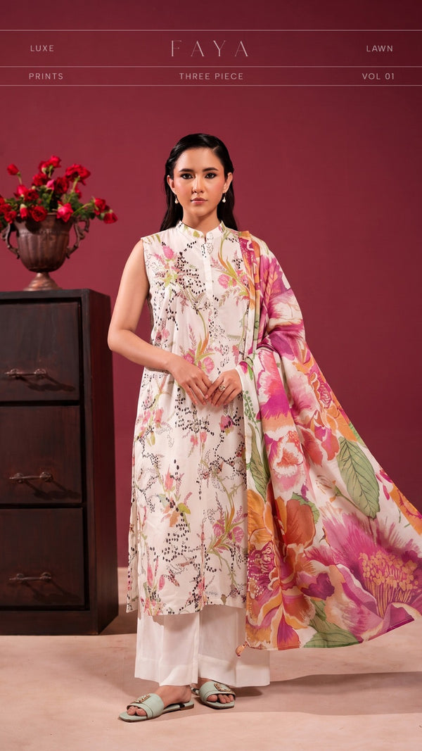 Original Faya Luxe Lawn Vol 01 – Off-White & Pink Floral 3-Piece Unstitched Suit