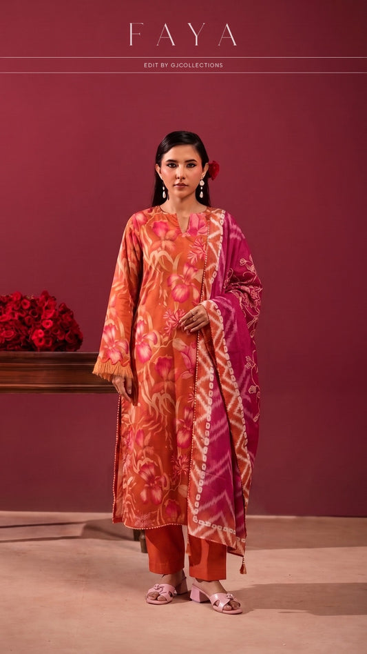 Original Faya Lawn Edit by GJ Collections – Rust Orange & Magenta 3-Piece Unstitched Suit