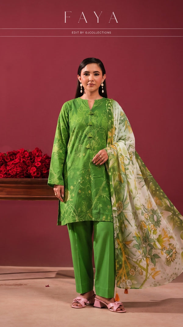 Original Faya Lawn Edit by GJ Collections – Emerald Green Botanical 3-Piece Unstitched Suit