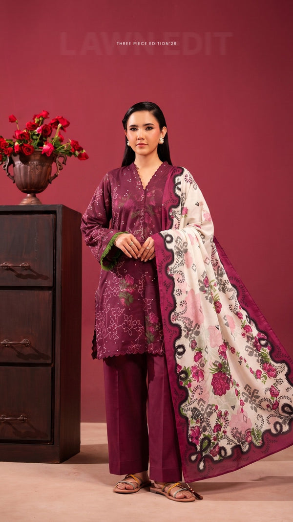 Original Faya Digital Printed Lawn – Deep Plum & Ivory 3-Piece Unstitched Suit (Edition '26)