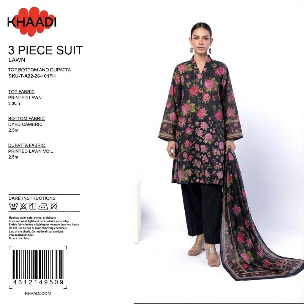 100% Original Khaadi Printed Lawn – Jet Black & Magenta Floral 3-Piece Unstitched Suit 