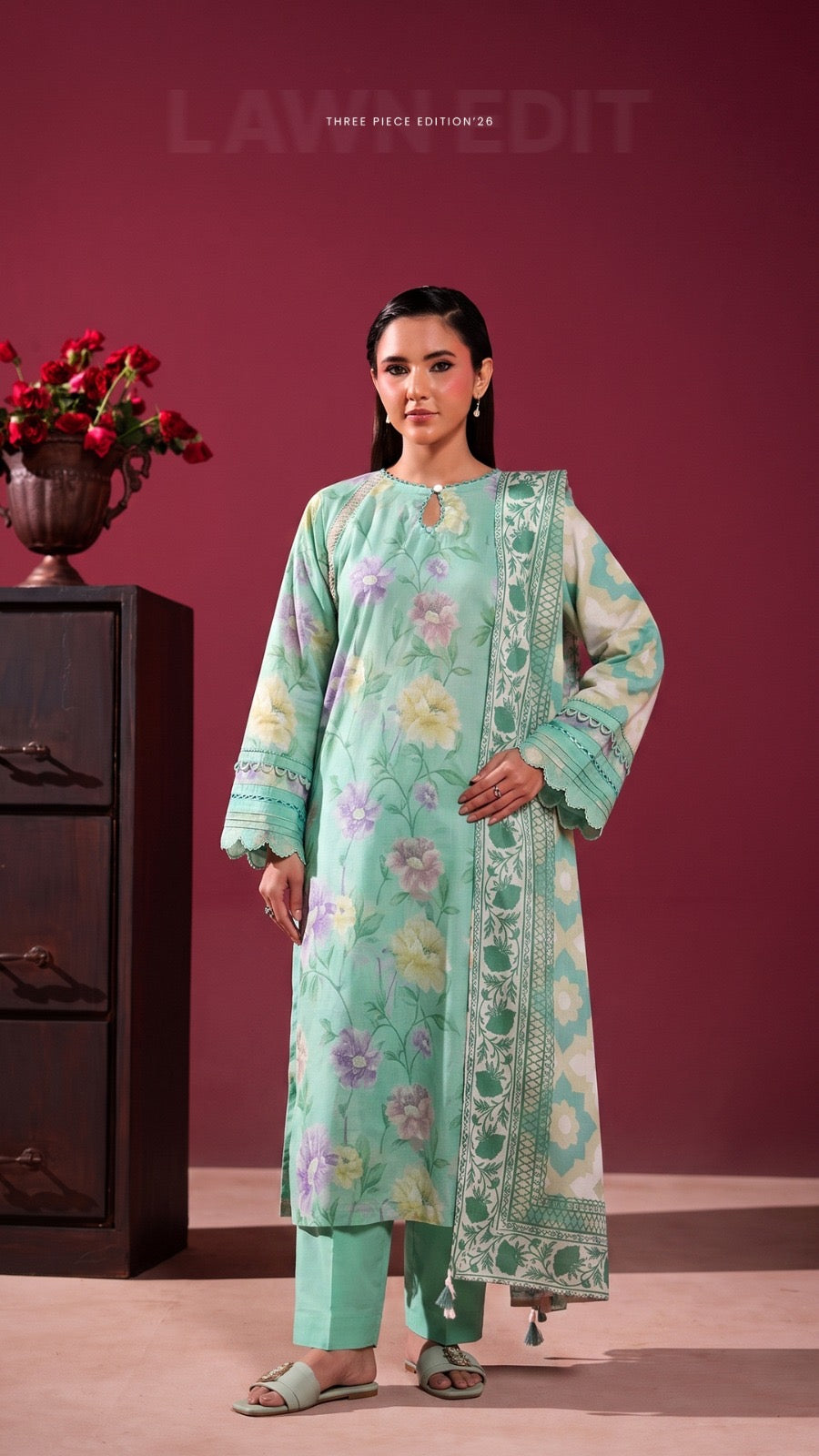 Original Faya Digital Printed Lawn – Mint Green Floral 3-Piece Unstitched Suit (Edition '26)