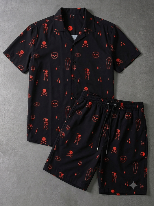 Bold Gothic Red Skull Print Linen Shorts Set | Edgy Men's Co-ord