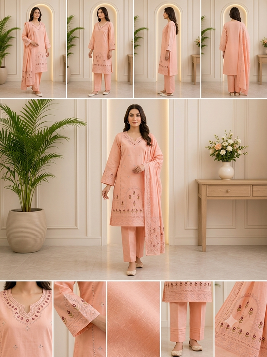 Elegant Peach 3-Piece Embroidered PV Cotton Suit with Cutwork Hem (Medium Length)