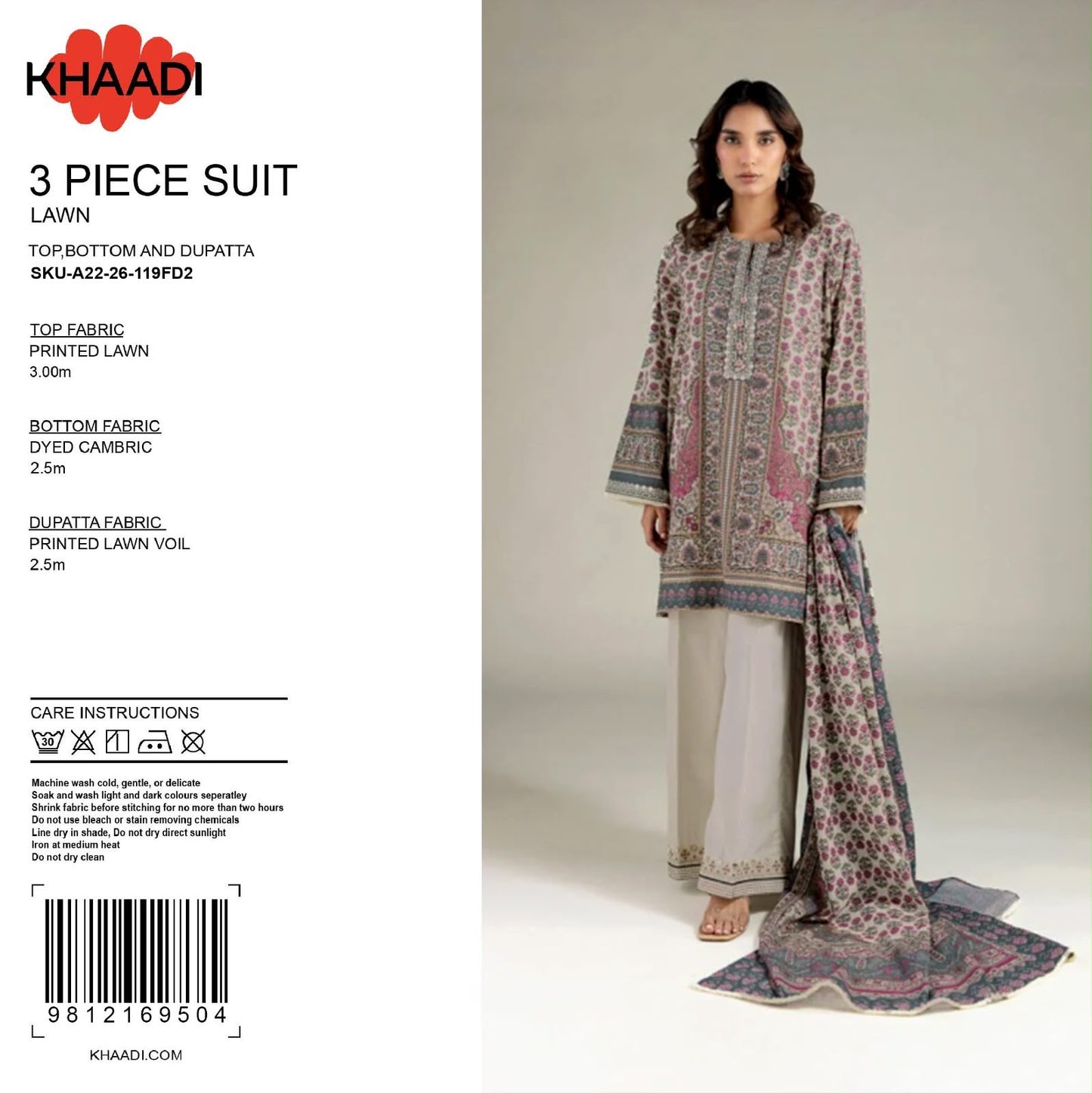 100% Original Khaadi Printed Lawn – Mauve & Slate Grey Ethnic 3-Piece Unstitched Suit