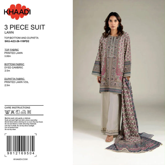 100% Original Khaadi Printed Lawn – Mauve & Slate Grey Ethnic 3-Piece Unstitched Suit