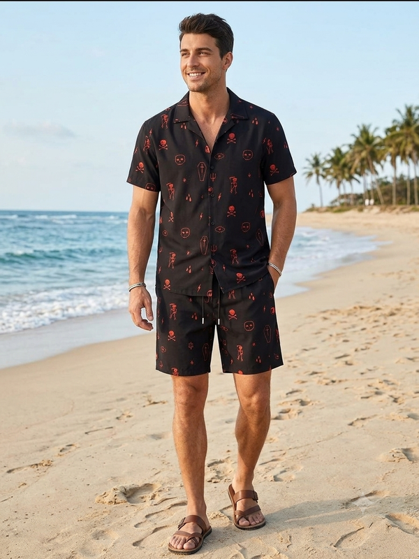 Bold Gothic Red Skull Print Linen Shorts Set | Edgy Men's Co-ord