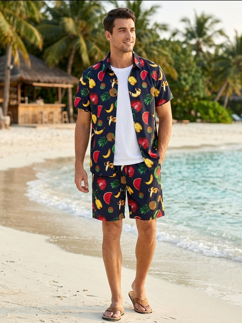 Tropical Fruit Print Black Linen Co-ord Set | Men's Summer Shorts & Shirt