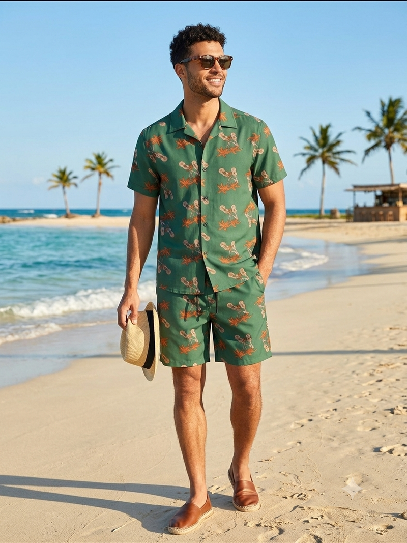 Green Hawaiian Palm & Ukulele Print Linen Shirt & Shorts Set
