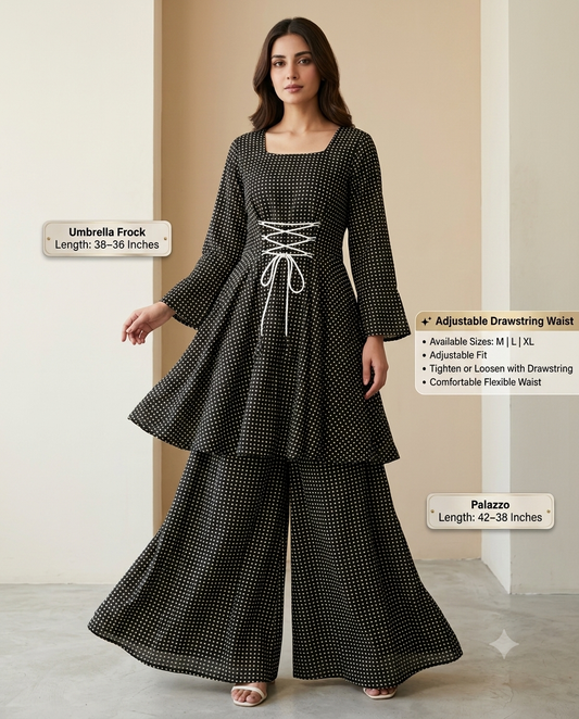 Black Polka Dot Lawn 2 Piece Suit – Umbrella Frock with Wide Leg Palazzo | Adjustable Drawstring Waist | Summer Collection